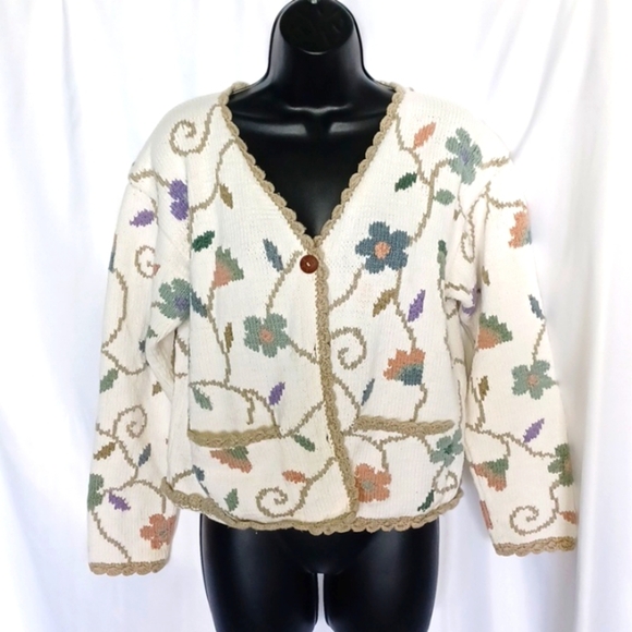 VINTAGE CARDIGAN SWEATER, KNIT FLORAL TRIM, VINE DETAILS; DISTINCTIONS, PTP-20" - Picture 1 of 4